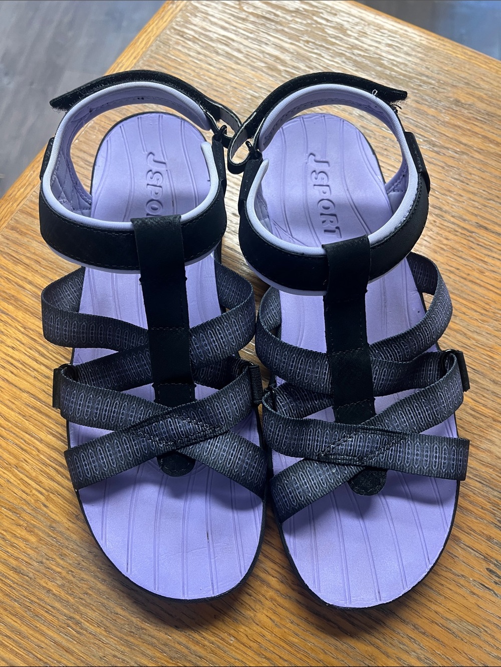 JSport by Jambu Black Strappy Sandals with Lavender Footbed
